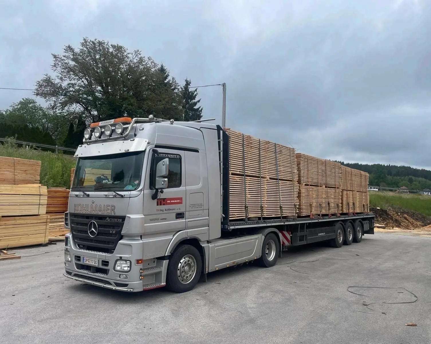 Sawn timber transport on a flatbed trailer